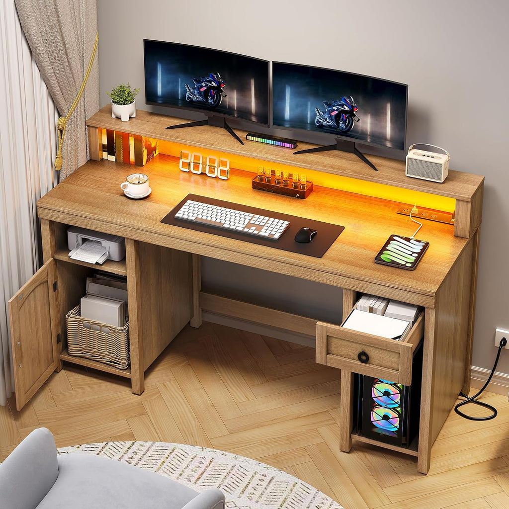 DWVO L Shaped Desk with Drawers, 65' Corner Desk Computer Desk with Power Outlets & LED Lights, Home Office Desk with Storage Shelves & Printer Stand, Light Brown