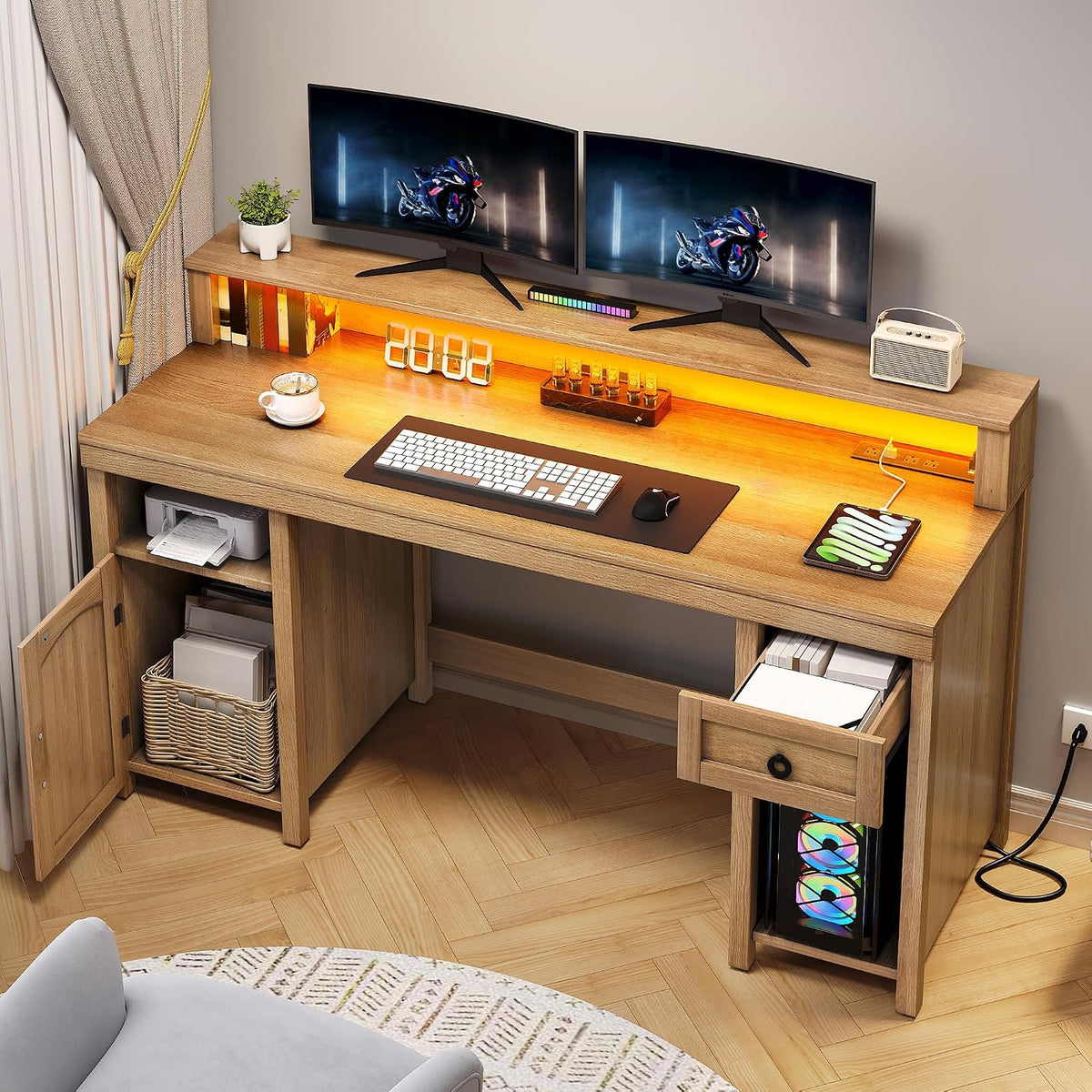 DWVO L Shaped Desk with Drawers, 65' Corner Desk Computer Desk with Power Outlets & LED Lights, Home Office Desk with Storage Shelves & Printer Stand, Light Brown