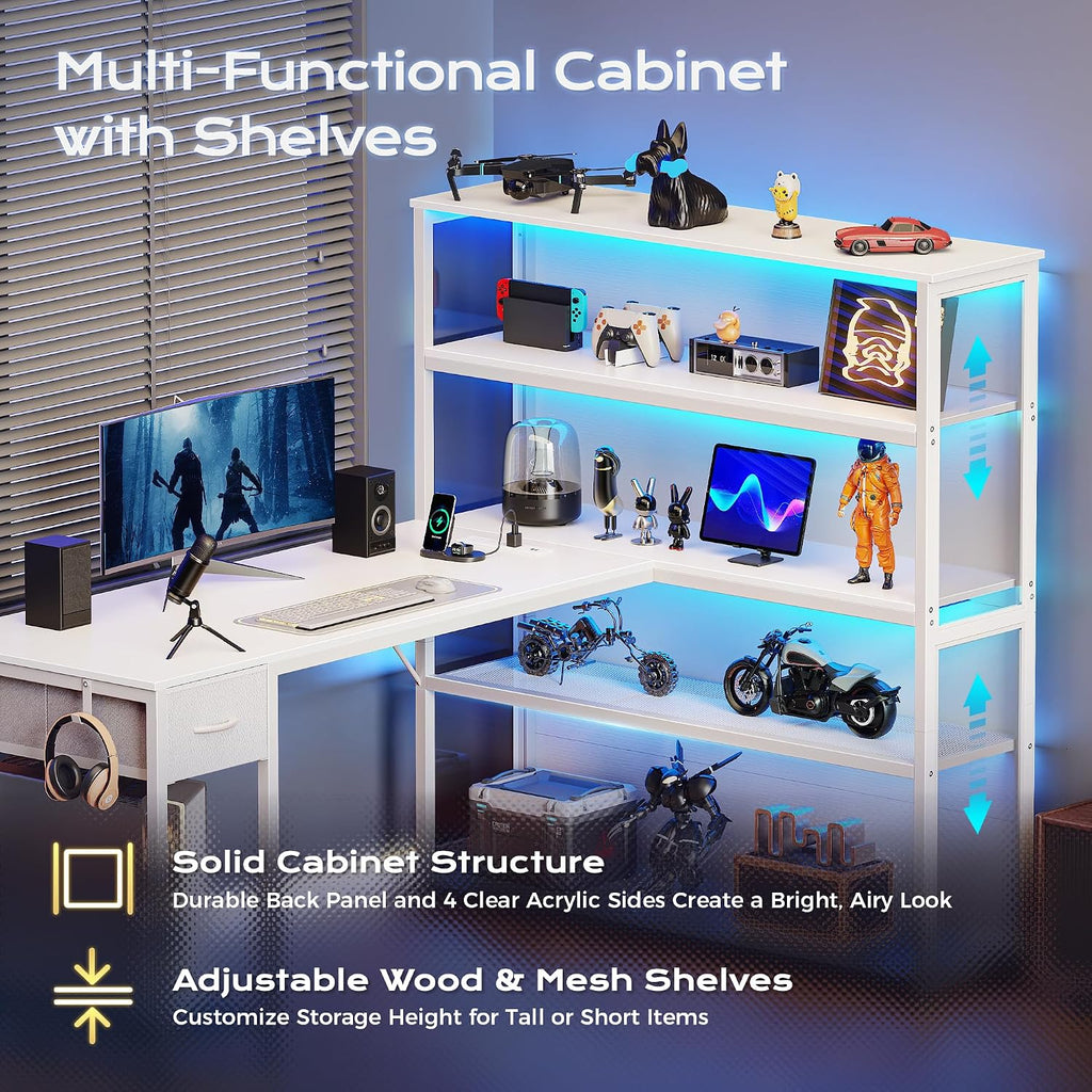 PRAISUN 57 Inch L Shaped Gaming Computer Desk with Larger Open Cabinet, Reverisble Office Desk with Power Outlets, LED Lights, Work Desk, Fabric Drawer, Adjustable Wood and Mesh Shelf, White