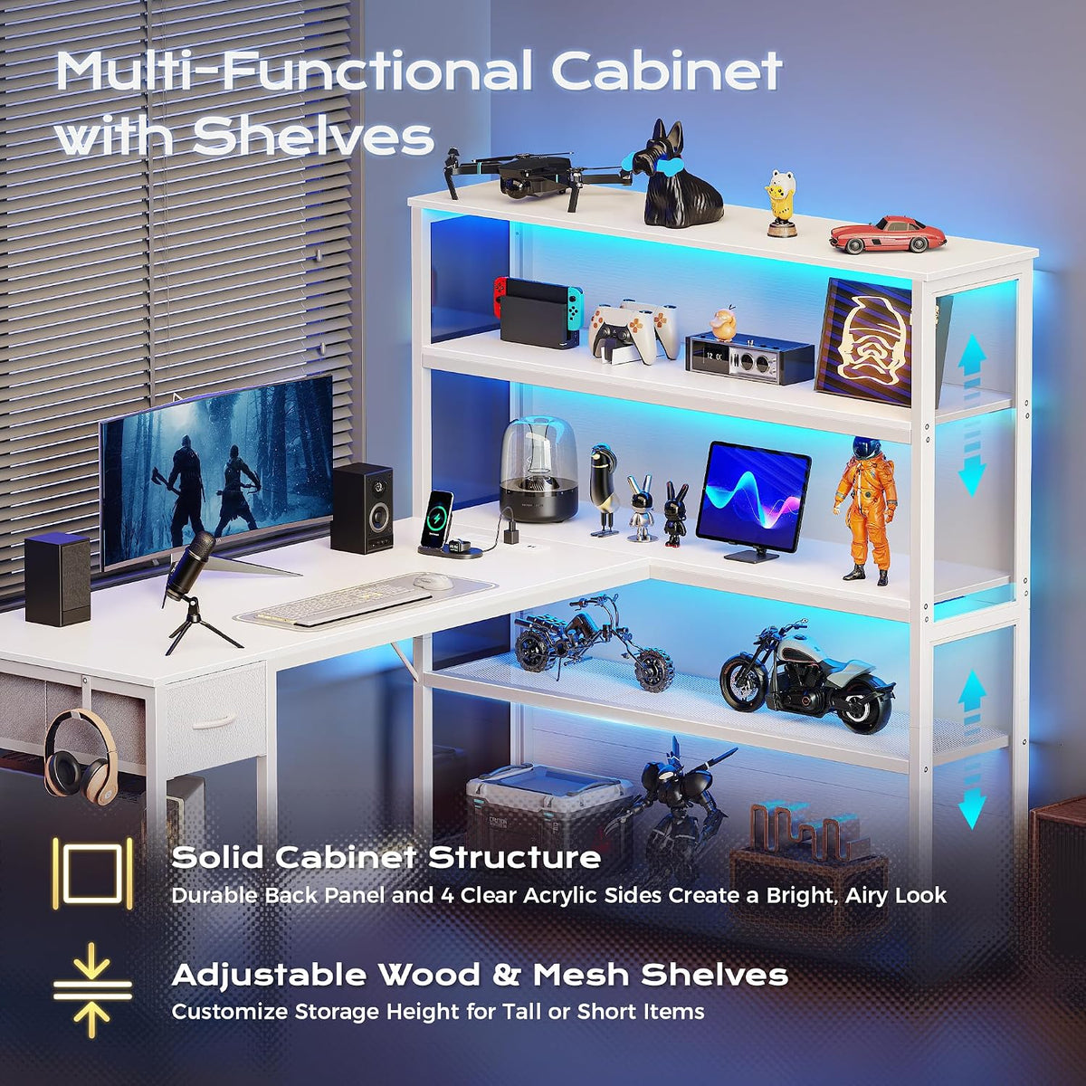 PRAISUN 57 Inch L Shaped Gaming Computer Desk with Larger Open Cabinet, Reverisble Office Desk with Power Outlets, LED Lights, Work Desk, Fabric Drawer, Adjustable Wood and Mesh Shelf, White