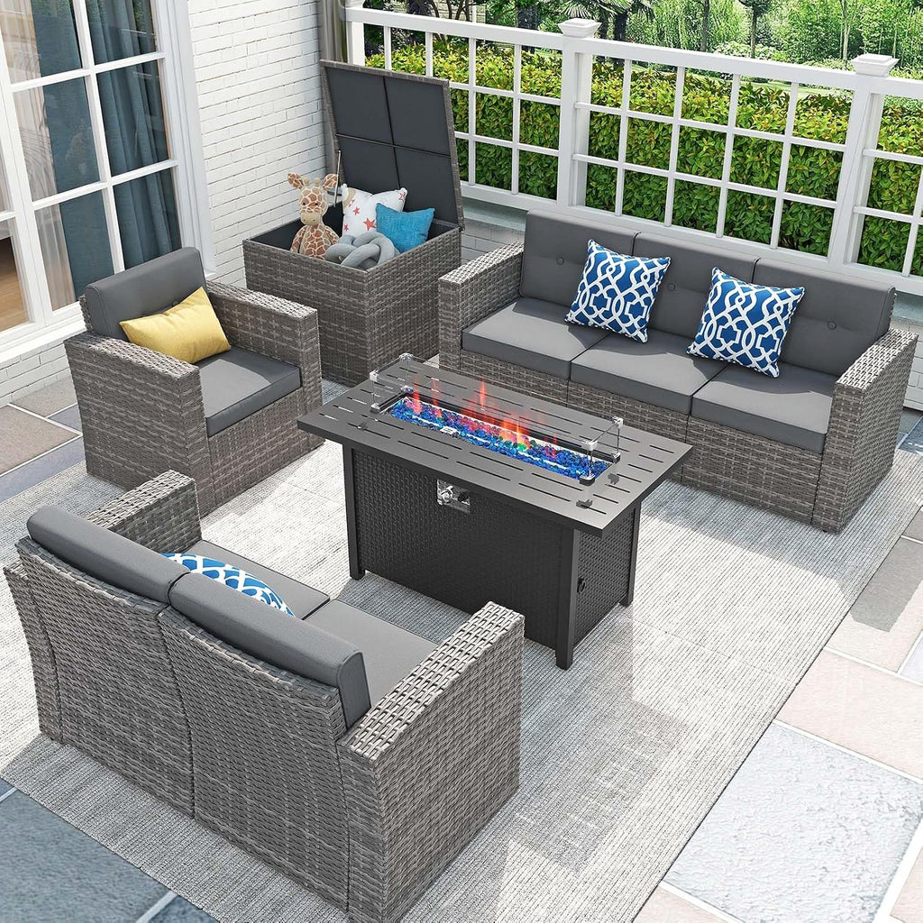 JOIVI 8 Pieces Patio Furniture Set with 45' Fire Pit Table, Outdoor Conversation Set with 50000 BTU Gas Fire Pit, Rattan Sectional Sofa Set with Storage Box for Garden, Backyard, Grey