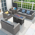 JOIVI 8 Pieces Patio Furniture Set with 45' Fire Pit Table, Outdoor Conversation Set with 50000 BTU Gas Fire Pit, Rattan Sectional Sofa Set with Storage Box for Garden, Backyard, Grey