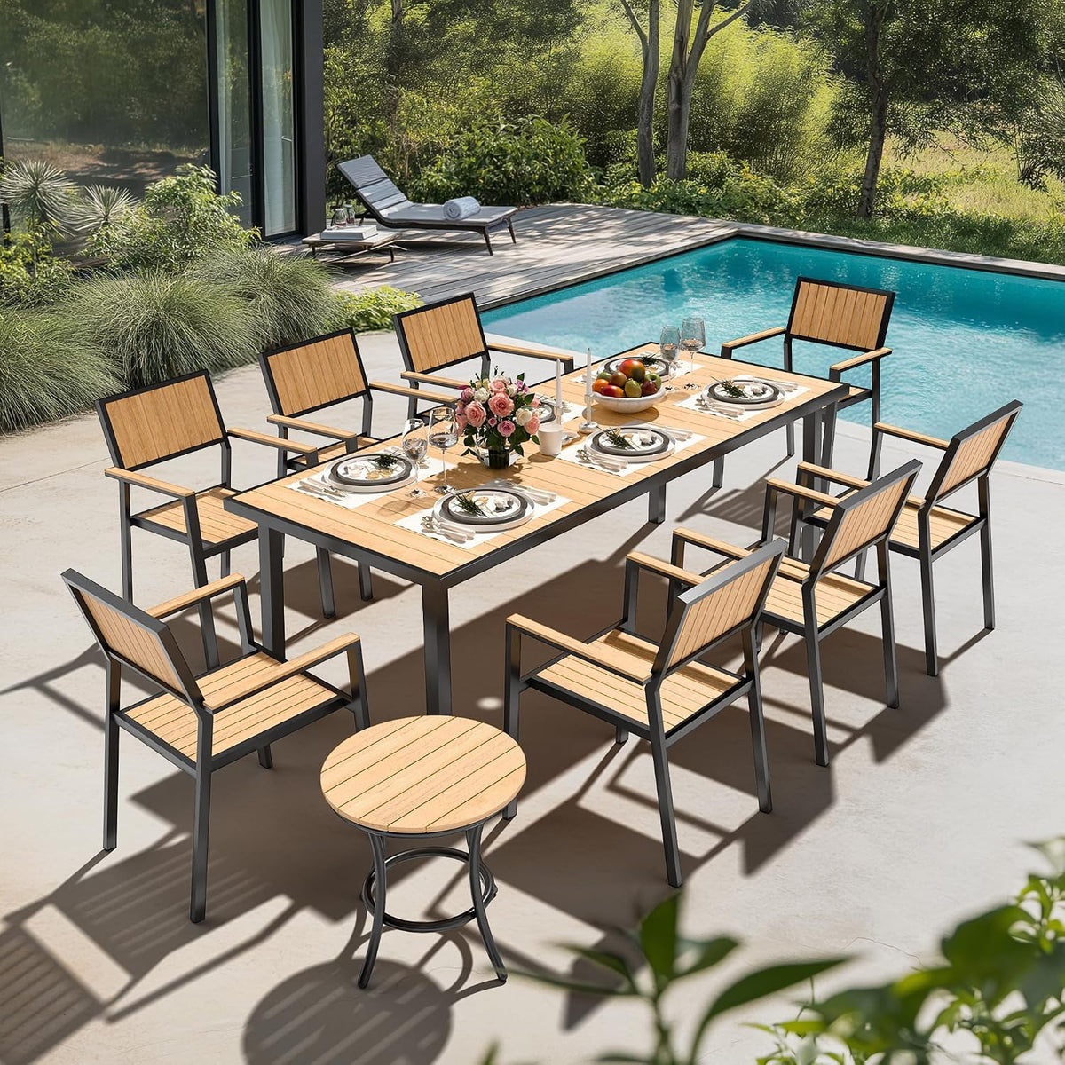 10-Piece Patio Dining Set, Outdoor Weather-Resistant Plastic-Wood Table & 8 Stackable Chairs, Outdoor Durable Aluminum Frame Furniture for Garden, Poolside, Backyard