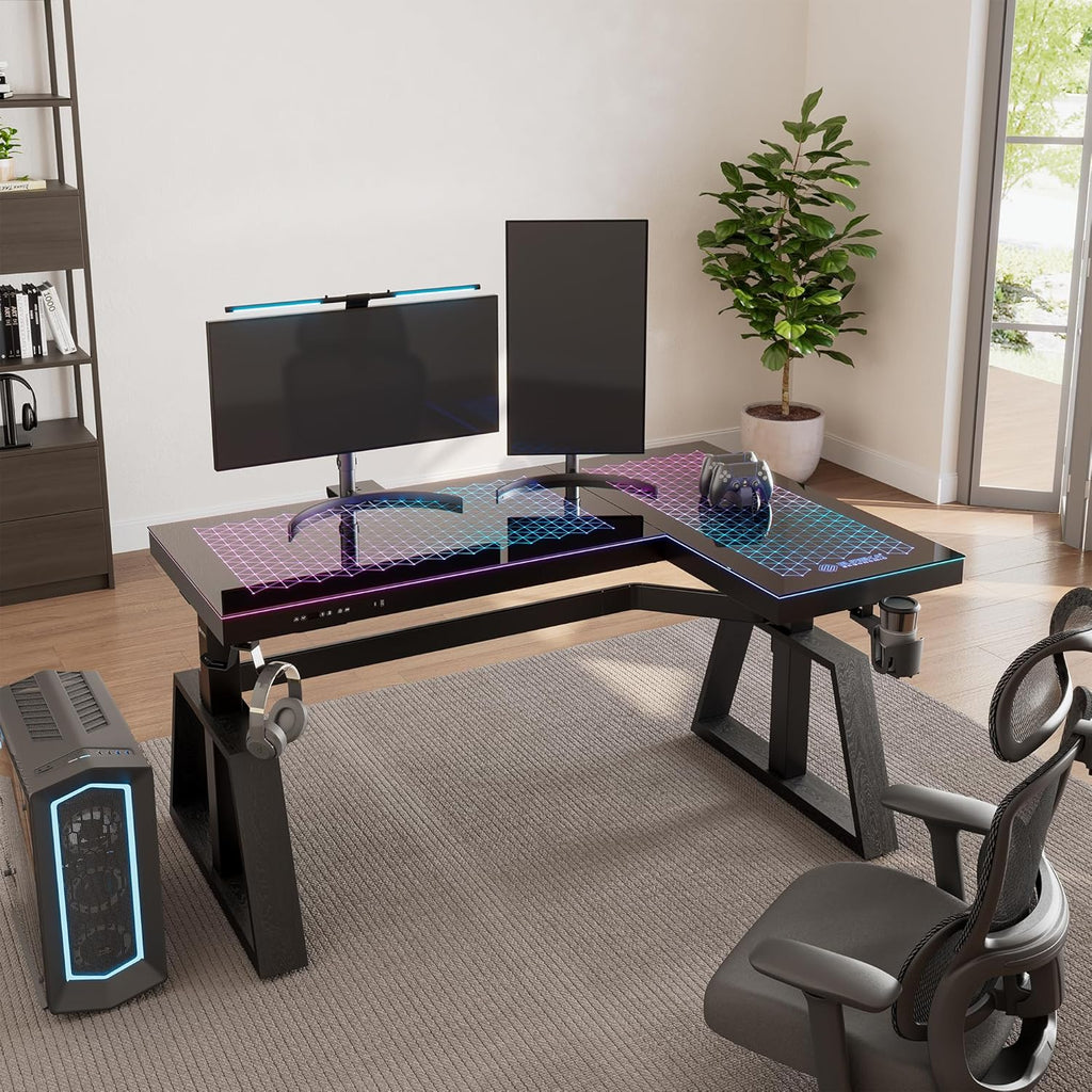 EUREKA ERGONOMIC Standing Desk,Gaming Table,Glass RGB Desks, Height Adjustable Computer 60 Inch L Shaped Corner Desk Music Studio Desk Workstation w Type-C Port,Cup Headset Holder,APP Control,Right
