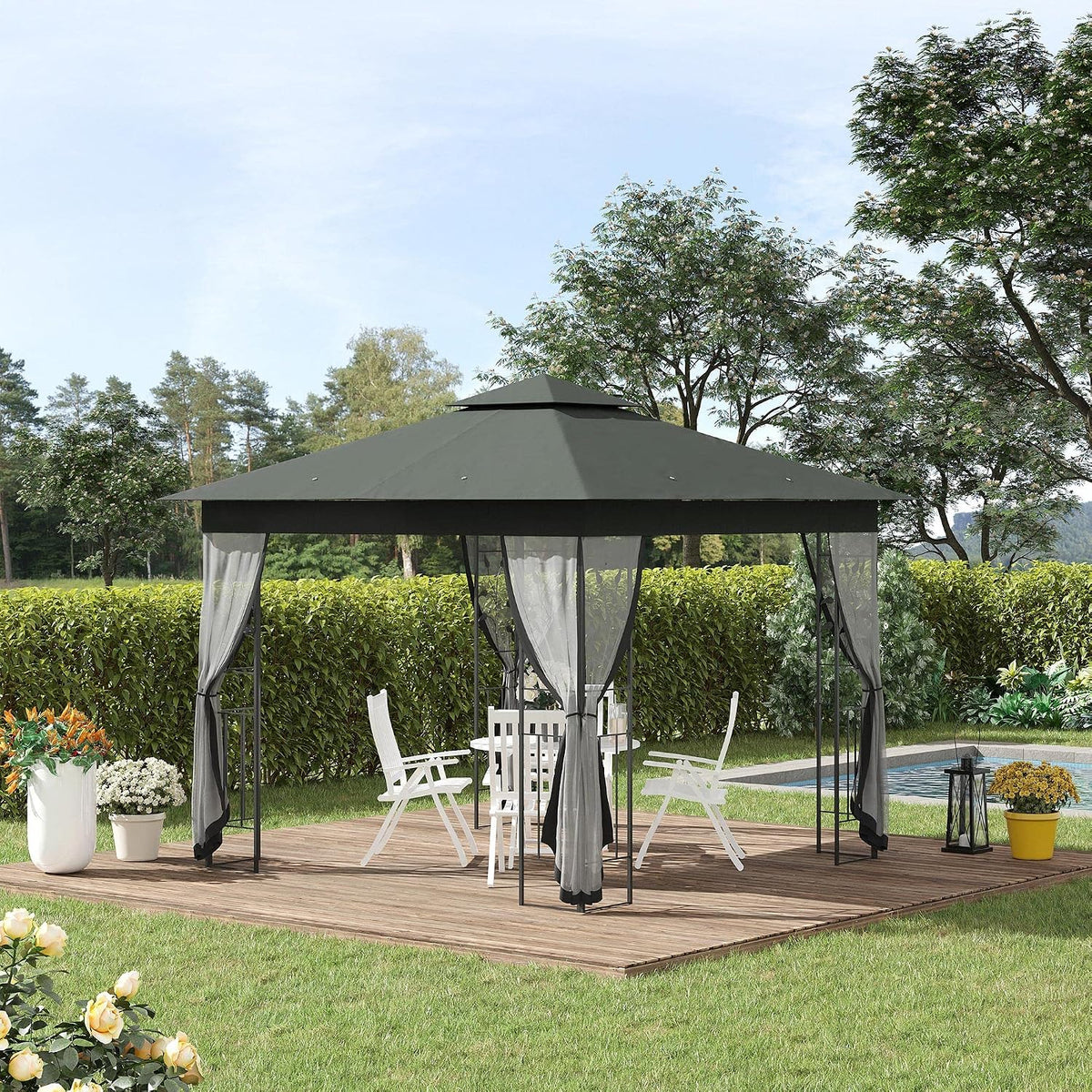 Outsunny 10' x 10' Metal Patio Gazebo, Double Roof Outdoor Gazebo Canopy Shelter with Tree Motifs Corner Frame and Netting, for Garden, Lawn, Backyard, and Deck, Gray