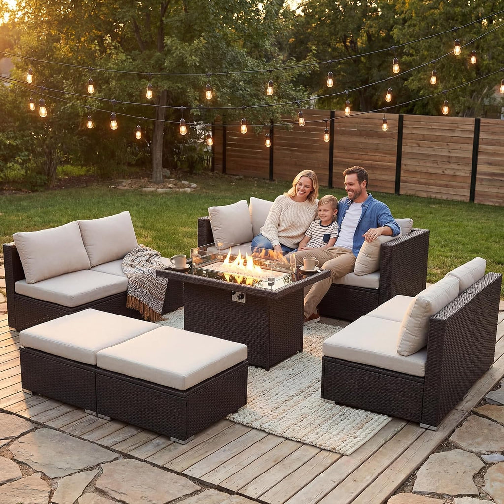 BULEXYARD 9 Piece Highback Patio Furniture Set with Fire Pit Table, Modern Modular Outdoor Sectional Couch Sofa with Ottoman, 8-Seater Backyard Seating for Exterior, Deck, Brown Wicker & Beige Cushion