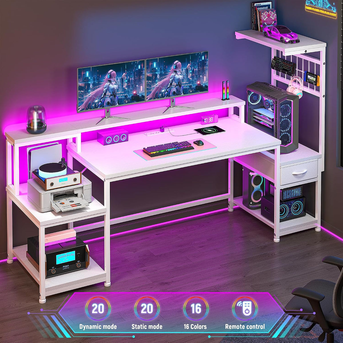 DurayLoly 55' Computer Desk with LED Lights & Outlets,Office Desk with Drawers & Monitor Stand,Gaming Desk with 3 Storage Shelves, Hooks& Printer Space for Game&Study Room,Home Office,Bedroom,White