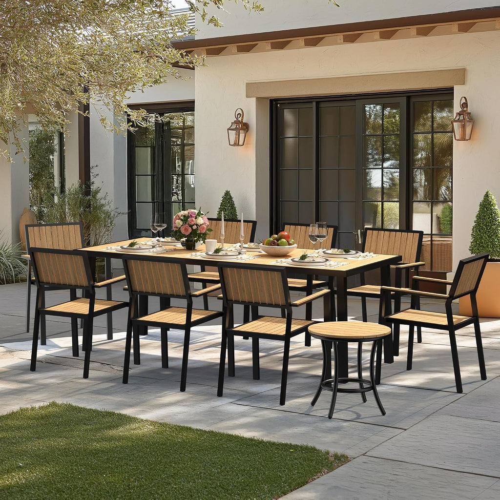 10-Piece Patio Dining Set, Outdoor Weather-Resistant Plastic-Wood Table & 8 Stackable Chairs, Outdoor Durable Aluminum Frame Furniture for Garden, Poolside, Backyard