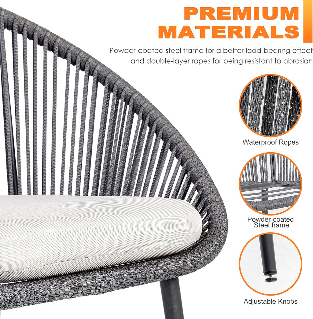 NUU GARDEN 3 Piece Outdoor Bistro Set, Woven Rope Conversation Patio Set, All Weather Patio Furniture Chairs and Table with Cushions for Garden, Deck, Backyard, Balcony, Porch, Dark Gray