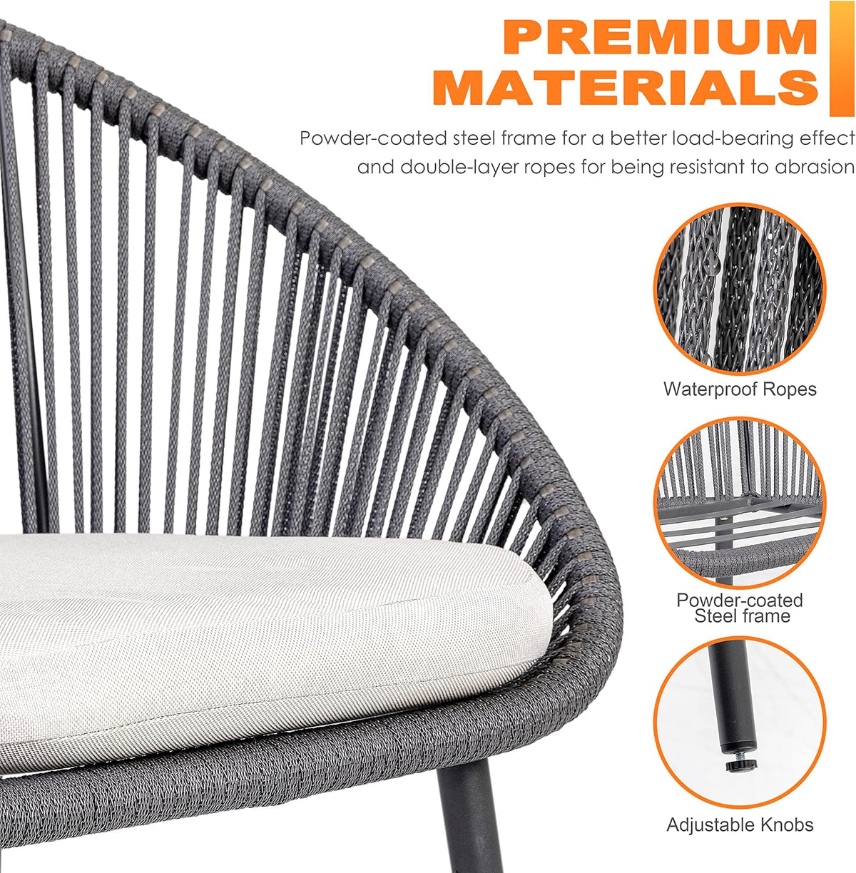 NUU GARDEN 3 Piece Outdoor Bistro Set, Woven Rope Conversation Patio Set, All Weather Patio Furniture Chairs and Table with Cushions for Garden, Deck, Backyard, Balcony, Porch, Dark Gray