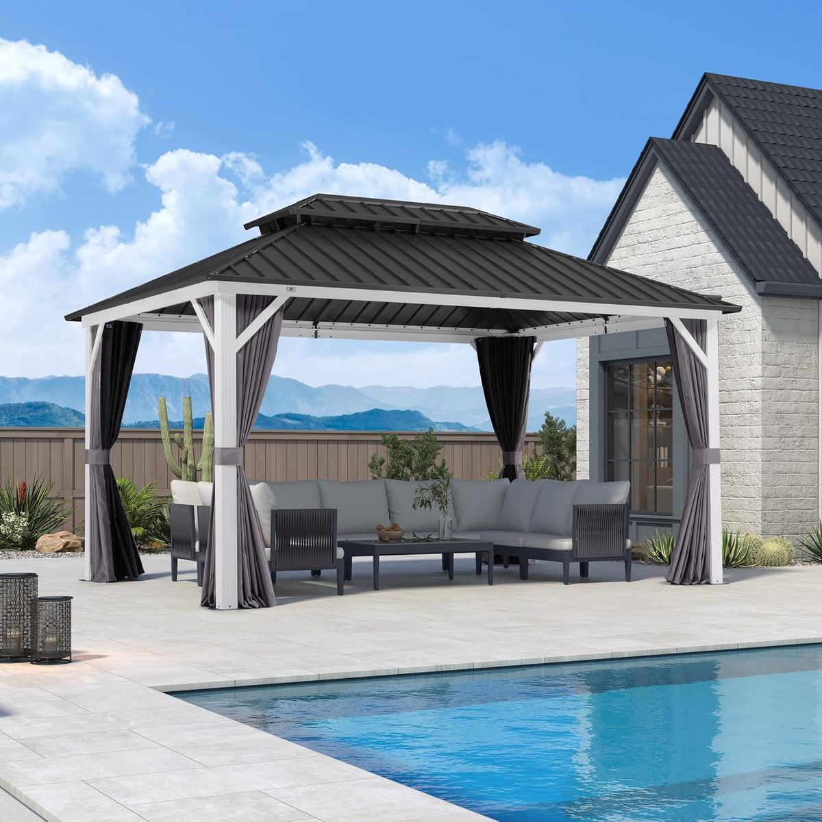 PURPLE LEAF 10' X 14' Hardtop Gazebo Metal Double Roof White Aluminum Frame Outdoor Heavy Duty Gazebo with Curtain and Netting for Patio Garden and Backyard, Grey