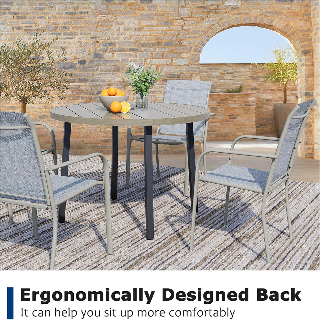 5 Pieces Patio Dining Set for 4, Beige Blue Patio Stackable Chairs and Honey Oak Round Table Set of 4, Outdoor Furniture Set with Sling Support for Outside, Garden