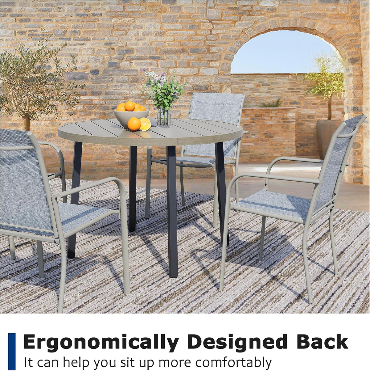 5 Pieces Patio Dining Set for 4, Beige Blue Patio Stackable Chairs and Honey Oak Round Table Set of 4, Outdoor Furniture Set with Sling Support for Outside, Garden