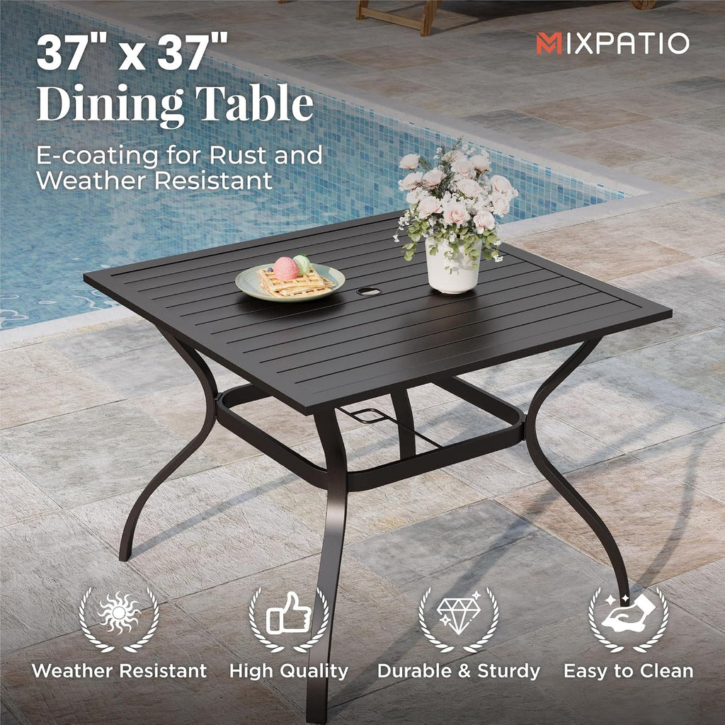 MIXPATIO 5 Pieces Patio Table and Chairs Set, 4 Person Outdoor Dining Furniture Set, 4 Red Textilene Chairs and 37' Square Metal Table with Umbrella Hole, for Deck Backyard Lawn