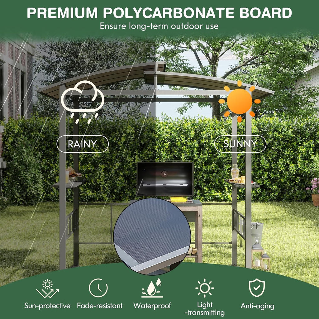 Tangkula 8x5 FT Hardtop Grill Gazebo, Outdoor Double-Tiered Barbecue Canopy with Vented Polycarbonate Roof, 2 Side Shelves, 6 Hooks, Outdoor Grill Shelter for Patio Garden Lawn Deck (Black)