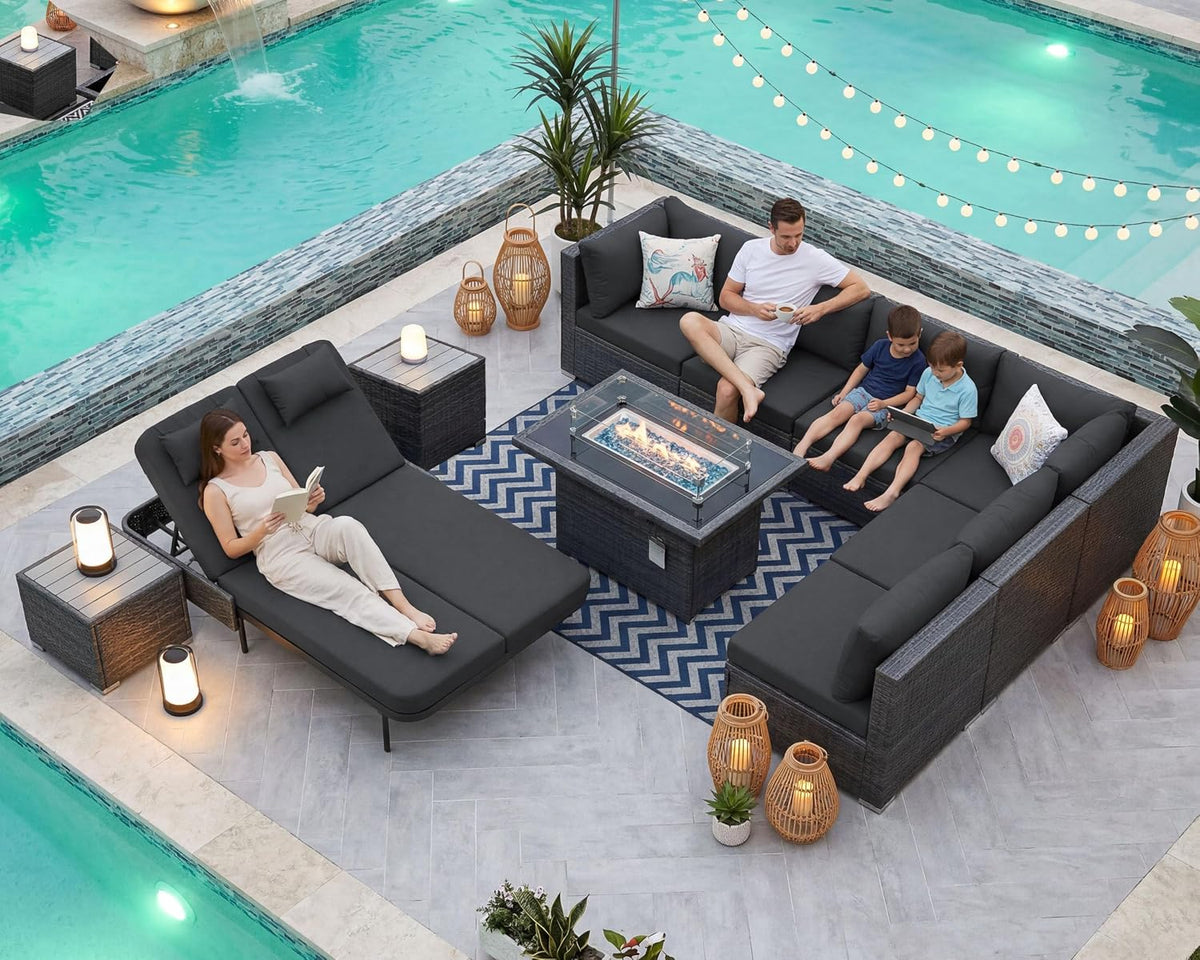 NICESOUL 11 Piece Patio Furniture Set with Fire Pit Natural Gas/Propane, 29.3'' High Back Outdoor Sectional with Lounger & Fire Pit, Large Deep Rattan Sofa Set for Garden Backyard, Gray