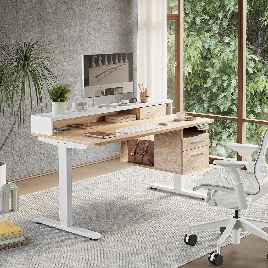 FEZIBO Standing Desk with Wood Drawers, 48' x 24' Electric Height Adjustable Table with Monitor Shelf, 3 Drawers and Open Storage, Computer Home Office Sit and Stand up Workstation, Maple