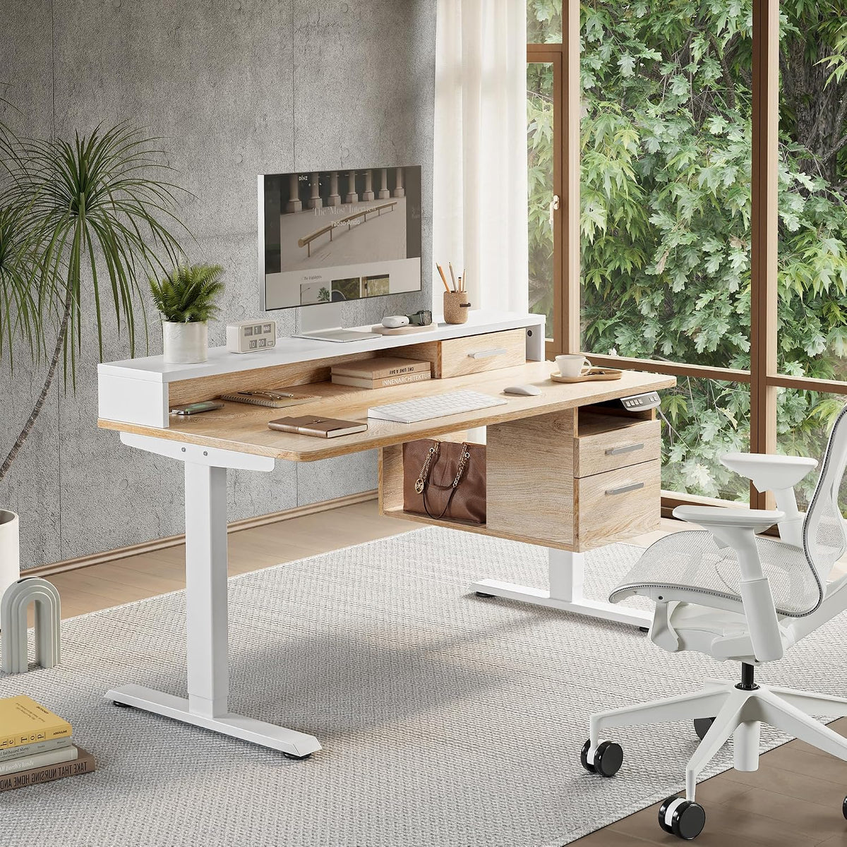 FEZIBO Standing Desk with Wood Drawers, 48' x 24' Electric Height Adjustable Table with Monitor Shelf, 3 Drawers and Open Storage, Computer Home Office Sit and Stand up Workstation, Maple