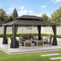 Sunjoy Hardtop Gazebo 12 x 16 ft. Outdoor Gazebo, Heavy Duty Steel Frame Gazebo, Double Tiered Metal Gazebo with Ceiling Hook and Removable Netting Sidewalls, Brown