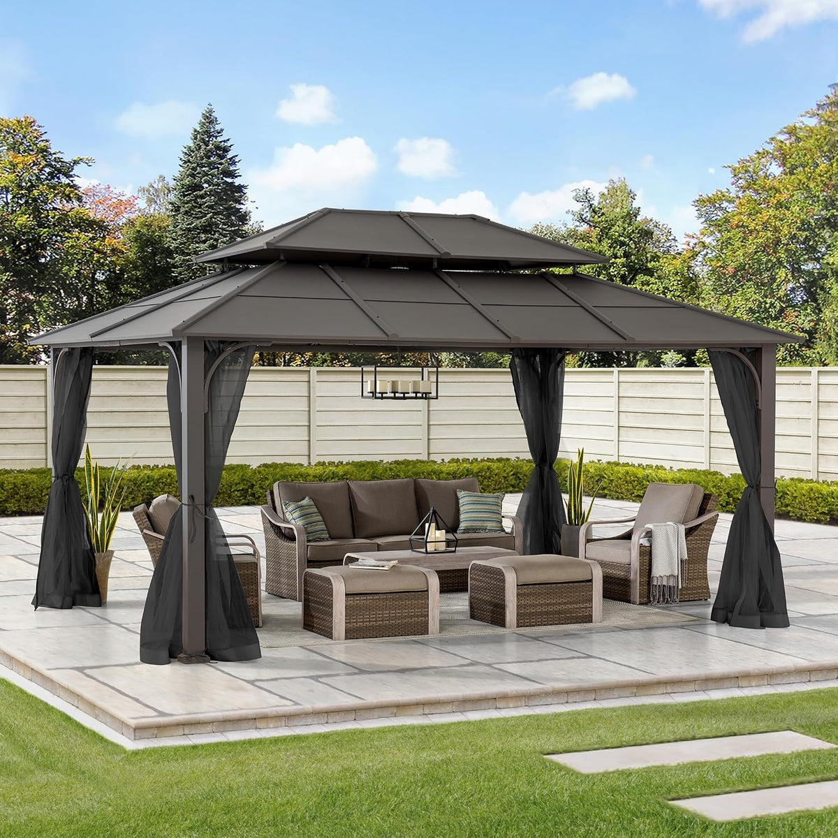 Sunjoy Hardtop Gazebo 12 x 16 ft. Outdoor Gazebo, Heavy Duty Steel Frame Gazebo, Double Tiered Metal Gazebo with Ceiling Hook and Removable Netting Sidewalls, Brown