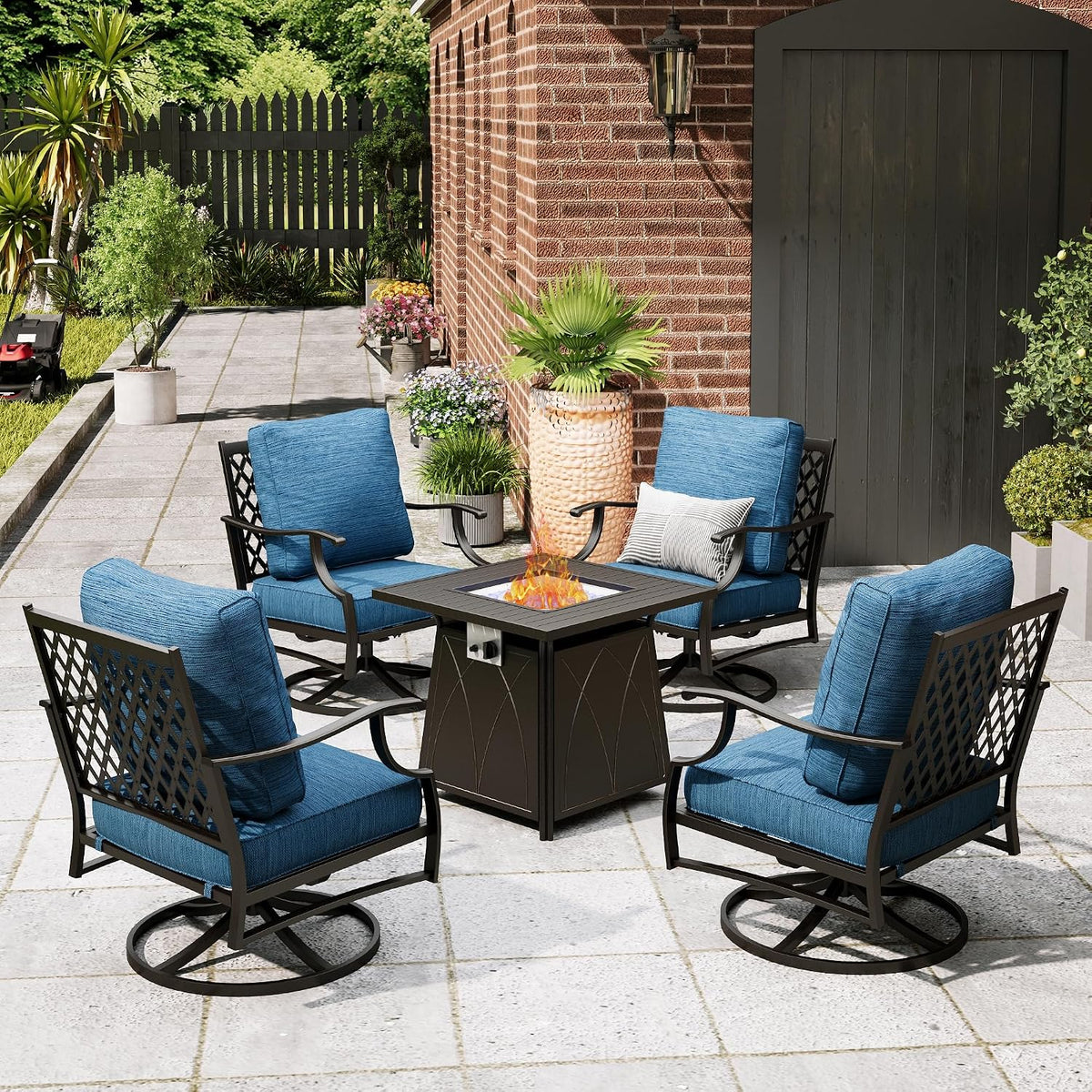 MIXPATIO Patio Furniture Set with Fire Pit Table, 5 Pcs Metal Outdoor Conversation Set, 4 Swivel Chairs with 5.75' Extra Thick Cushion and 28' Fire Pit Table for Backyard Deck, Green Blue