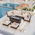 GREEN PARTY 7 Pieces Wicker Patio Furniture Set with 56' Fire Pit Table, All-Weather Outdoor Rattan Patio Half-Moon Curved Sectional Sofa Conversation Set for Garden, Backyard