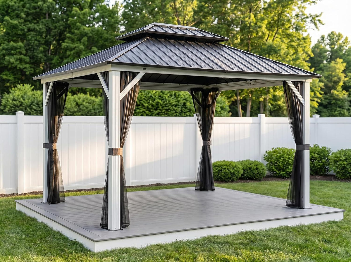 PURPLE LEAF 10' X 12' Hardtop Gazebo Metal Double Roof White Aluminum Frame Outdoor Heavy Duty Gazebo with Curtain and Netting for Patio Garden and Backyard, Grey