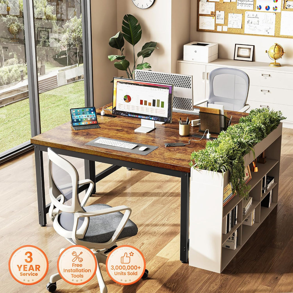 Huuger 48 x 24 inch Desk with Power Outlets & USB-C, Deeper & Thicker Desktop, Robust Metal Tubes, Computer Desk, Heavy Duty Office Desk, Work Gaming Desk for Home Office, Rustic Brown