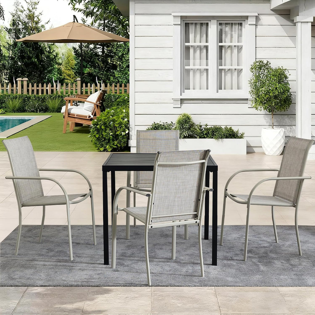 5-Piece Outdoor Dining Set, 35.5' Square Metal Patio Table with Grey Chairs, Black Table with Umbrella Hole for Garden, Yard, Patio