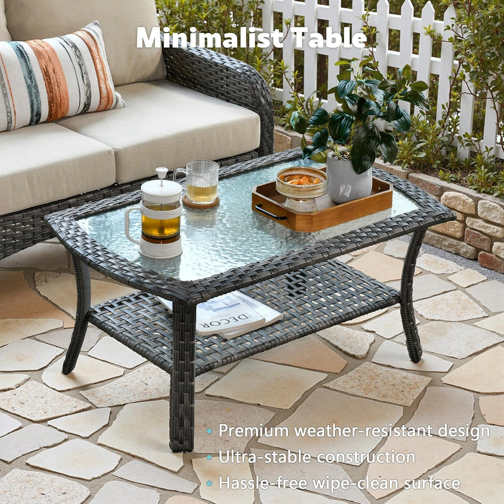 CAODOC 4-Piece Wicker Patio Furniture Set, All-Weather Rattan Conversation Bistro Loveseat Chair and Table Set for Backyard, Balcony and Deck with Soft Cushions and Metal Table(Tan)