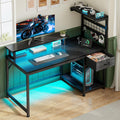 EnHomee 48' Gaming Desk with LED Lights & Power Outlets, Home Office Desk with Monitor Stand, Computer Desk with Drawer & Storage Shelves for Living Room, Study Room, Gaming Room, Black