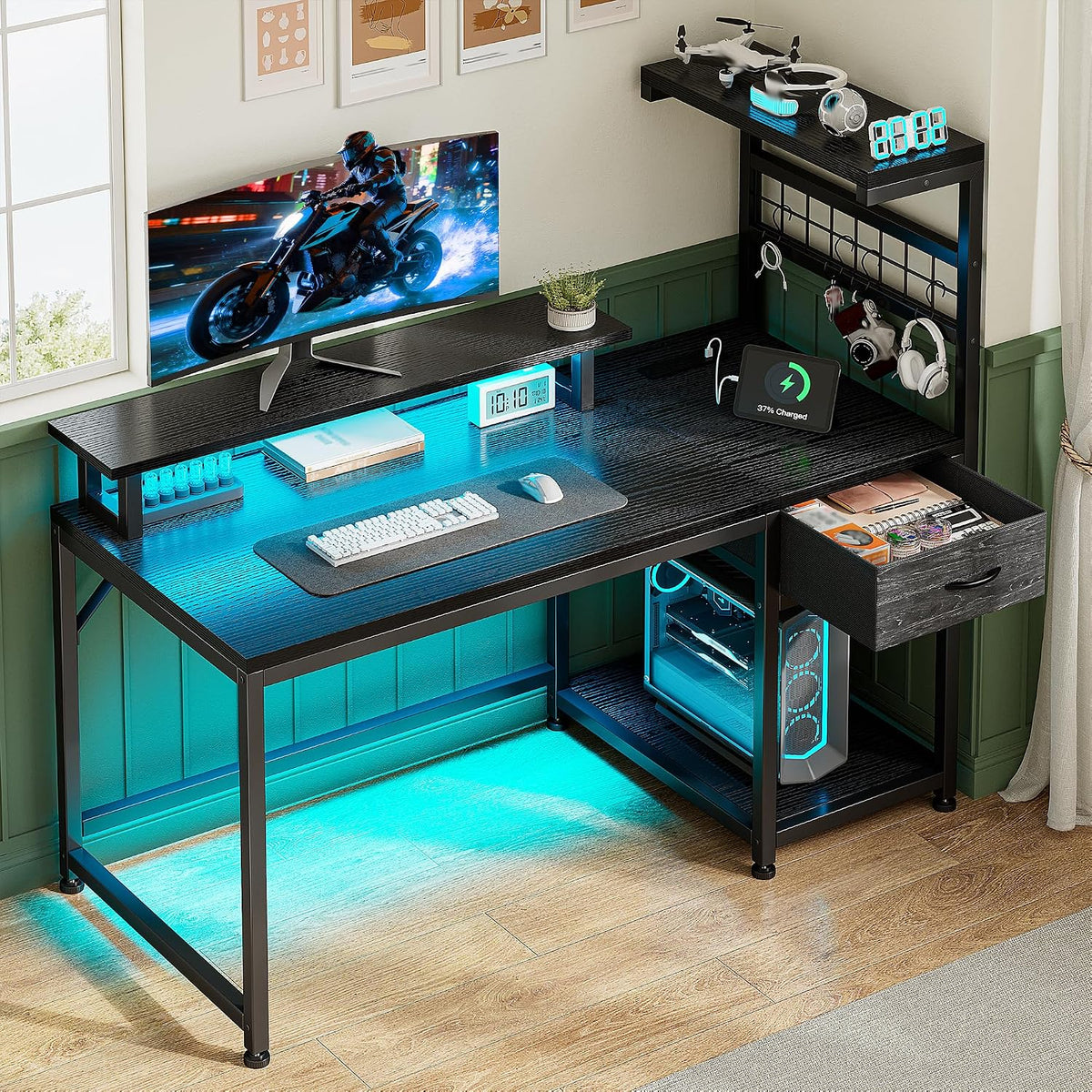 EnHomee 48' Gaming Desk with LED Lights & Power Outlets, Home Office Desk with Monitor Stand, Computer Desk with Drawer & Storage Shelves for Living Room, Study Room, Gaming Room, Black