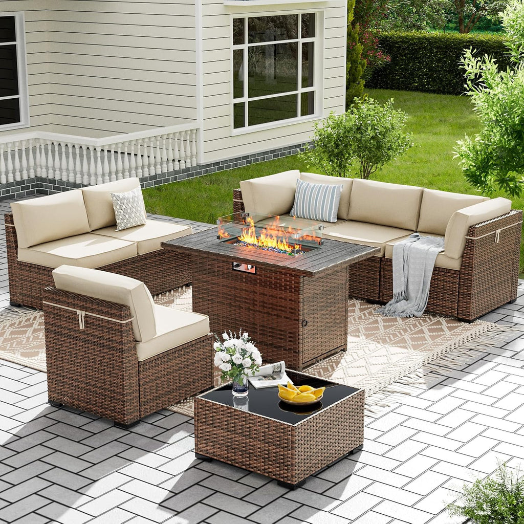 Amopatio 8-Piece Outdoor Patio Furniture Set with 44' Fire Pit Table, Modern Rattan Sectional Couch with Tempered Glass Coffee Table, Thickened Cushions and Include Waterproof Cover (Khaki)