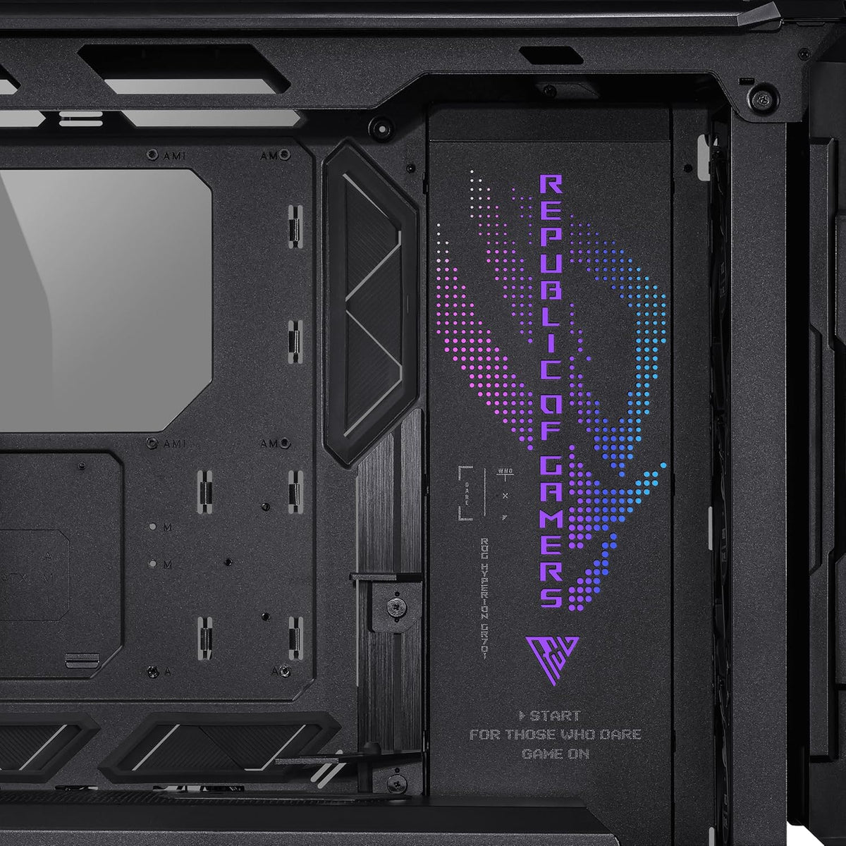 ASUS ROG Hyperion GR701 BTF Edition PC case, ASUS ATX BTF motherboards Support, 420 mm Dual Radiator Support, Four 140 mm Fans, Metal GPU Holder, Component Storage, ARGB Fan hub, 60W Fast Charging