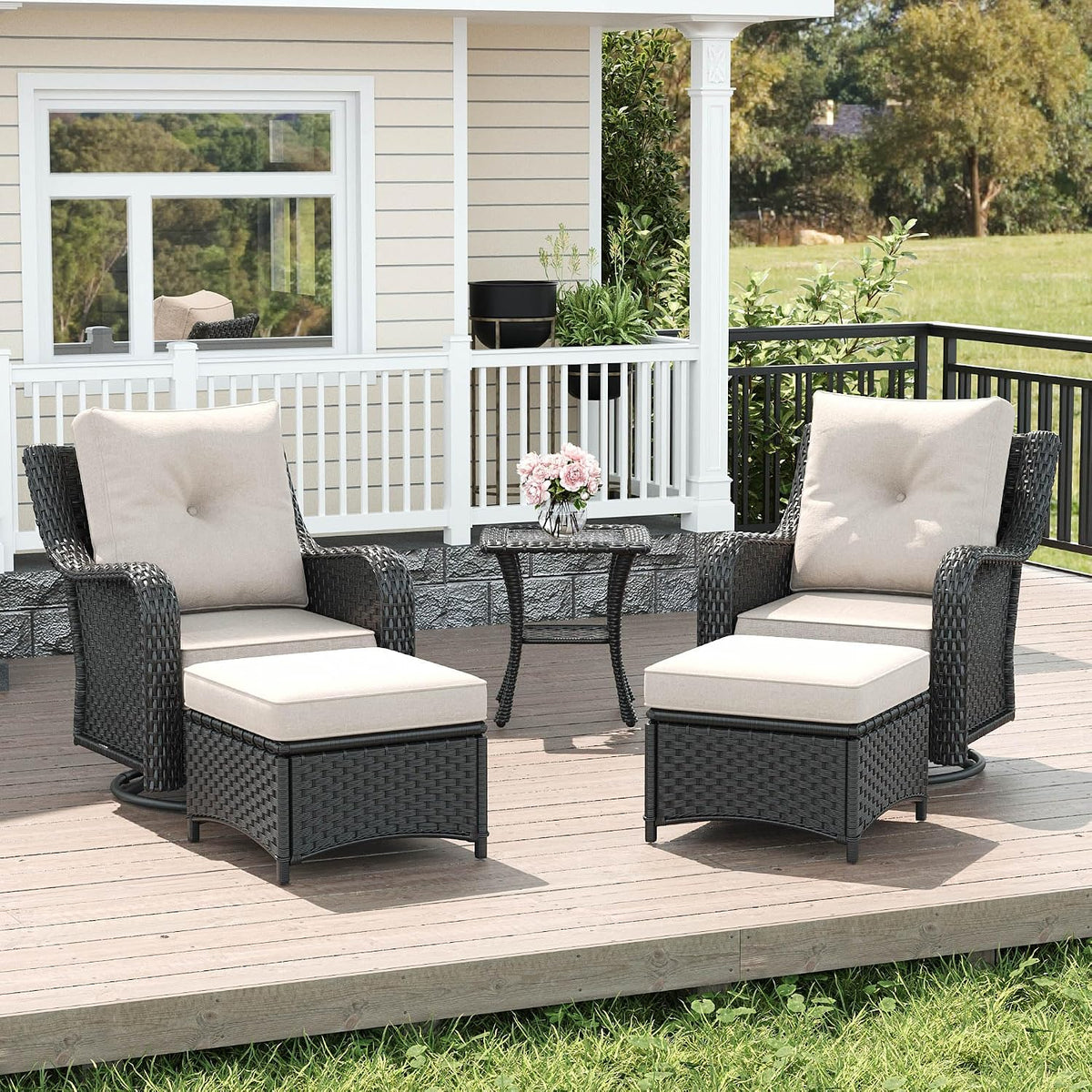 LayinSun 5 Piece Wicker Outdoor Furniture Set with 6-inch Comfy Cushions, High Back Patio Furniture Set with Swivel Rocking Chairs and Side Table