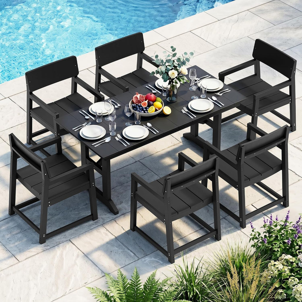 Vongrasig 7 Pieces Patio Dining Set, All Weather Outdoor HDPE Dining Furniture Set with Table and Chairs for 6, Patio Furniture Set with Umbrella Hole for Lawn, Backyard, Poolside, Black