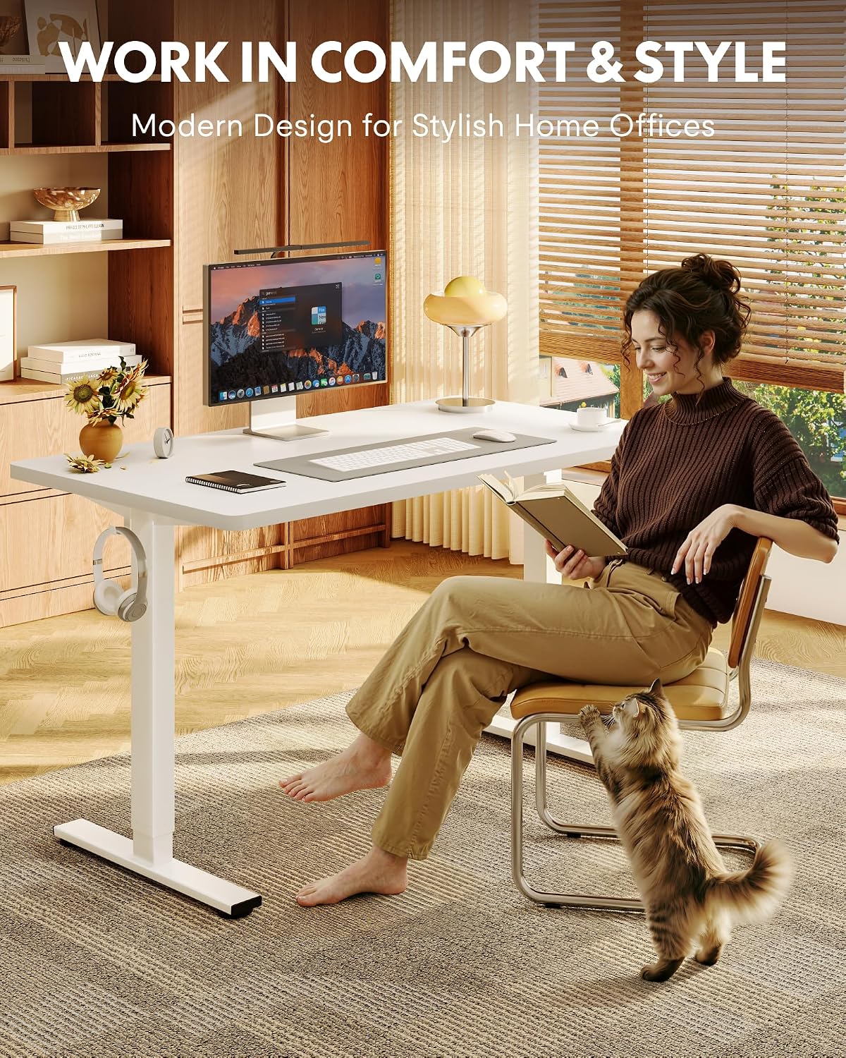 FLEXISPOT EN1 One-Piece Standing Desk, 40'x24' Seamless Desktop Electric Height Adjustable Desk for Home Office, Multi-Monitor Setups & Easy Assembly, White
