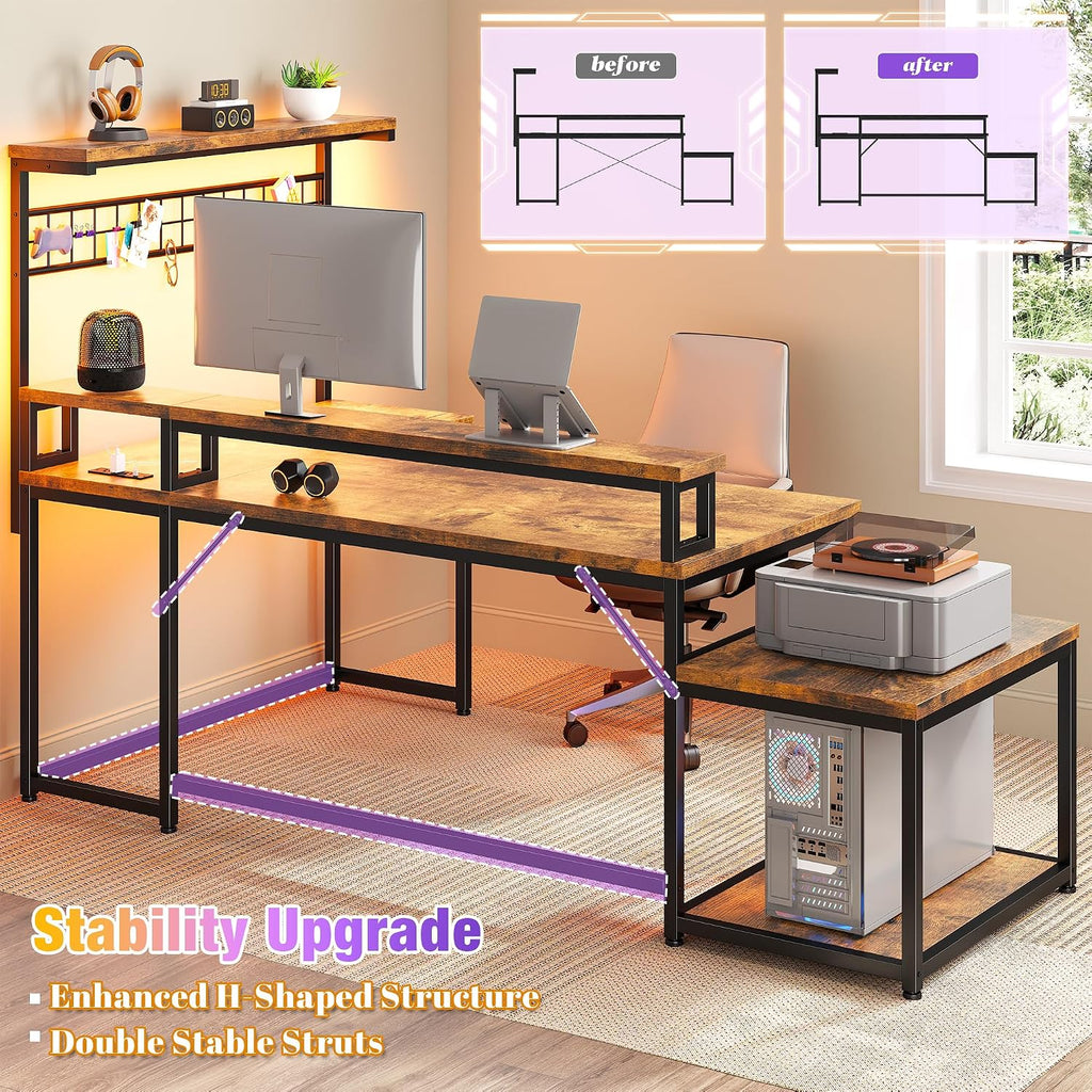 EnHomee 63' L Shaped Gaming Desk with LED Lights & Power Outlets,Reversible Corner Gaming Table with Storage Shelf & Hooks,Computer Desk with Monitor Stand & Print Stand for Home Office,Rustic Brown