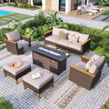 GREEN PARTY 7 Pieces Wicker Patio Furniture Set with 56' Fire Pit Table, All-Weather Outdoor Rattan Patio Sectional Sofa Conversation Set 7 Seats for Garden, Backyard, 2 x Swivel Chairs