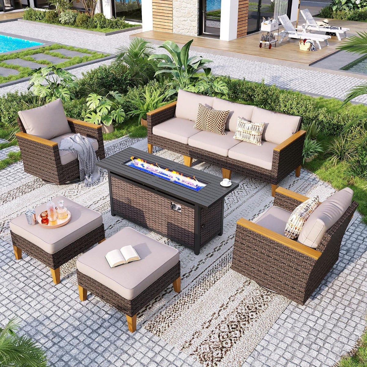 GREEN PARTY 7 Pieces Wicker Patio Furniture Set with 56' Fire Pit Table, All-Weather Outdoor Rattan Patio Sectional Sofa Conversation Set 7 Seats for Garden, Backyard, 2 x Swivel Chairs
