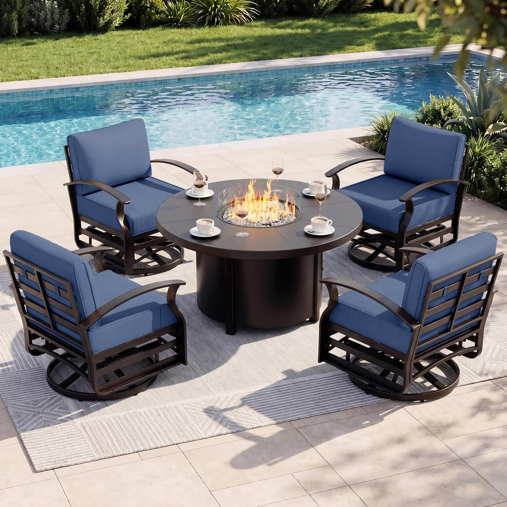 Aluminum Outdoor Patio Furniture Set,5 Pieces 4 Seats Patio Conversation Sets with 48' Round Propane Fire Pit Table,Metal Furniture Set with Thick Cushion,Navy Blue