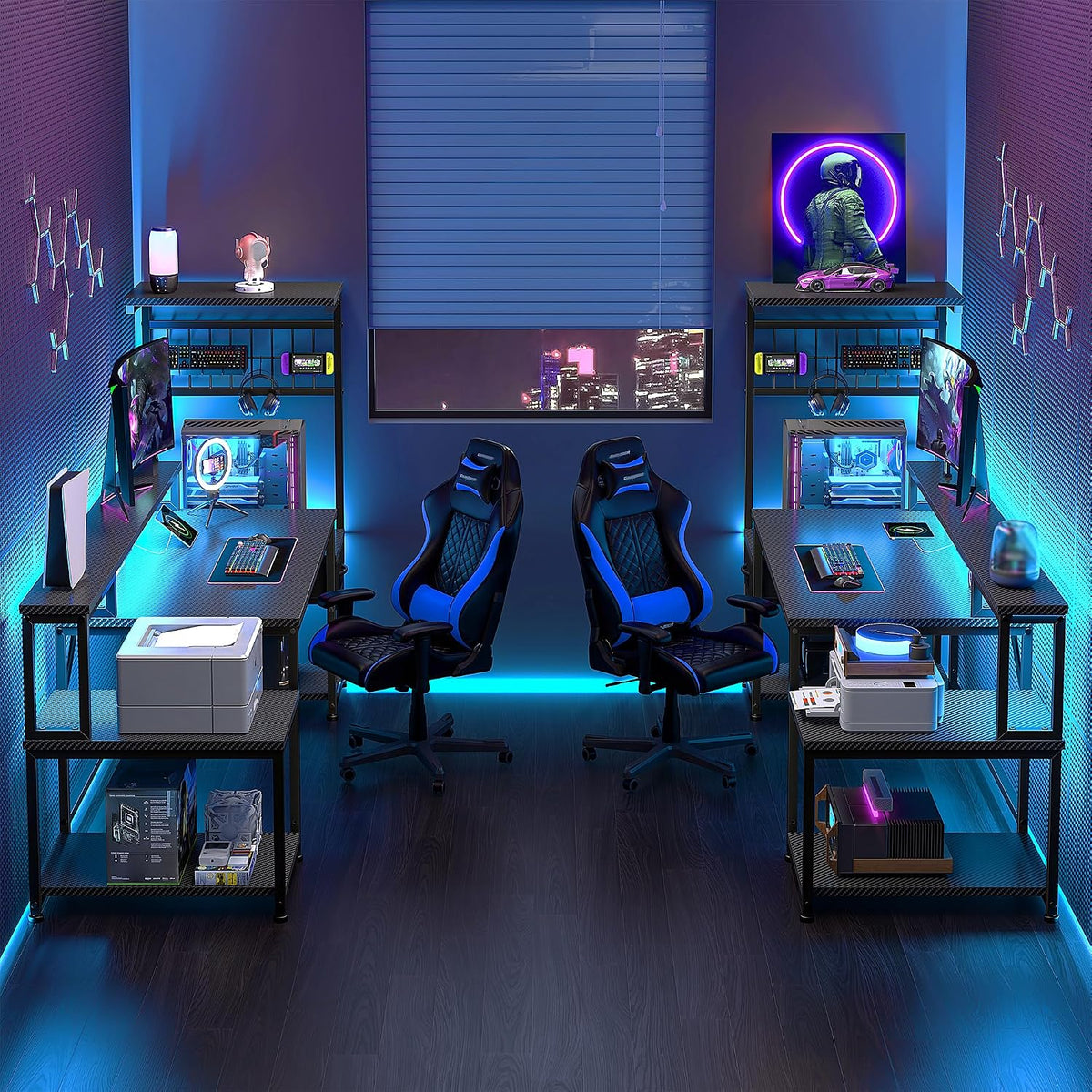 DurayLoly 63' Gaming Desk with LED Lights & Outlets,Computer Desk with Drawers & Monitor Stand,Gaming Table with 3 Storage Shelves, Hooks& Printer Space for Game&Study Room,Home Office,Bedroom,Black