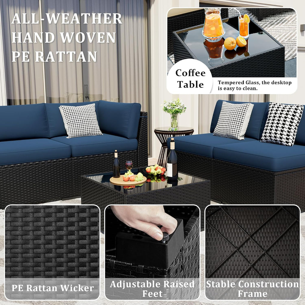 8 Pieces Outdoor Patio Furniture Set with 44' Fire Pit Table Black Rattan Sectional Conversation Sets w/Gas Fire Pit, Coffee Table, 1 Waterproof Covers, Navy Blue