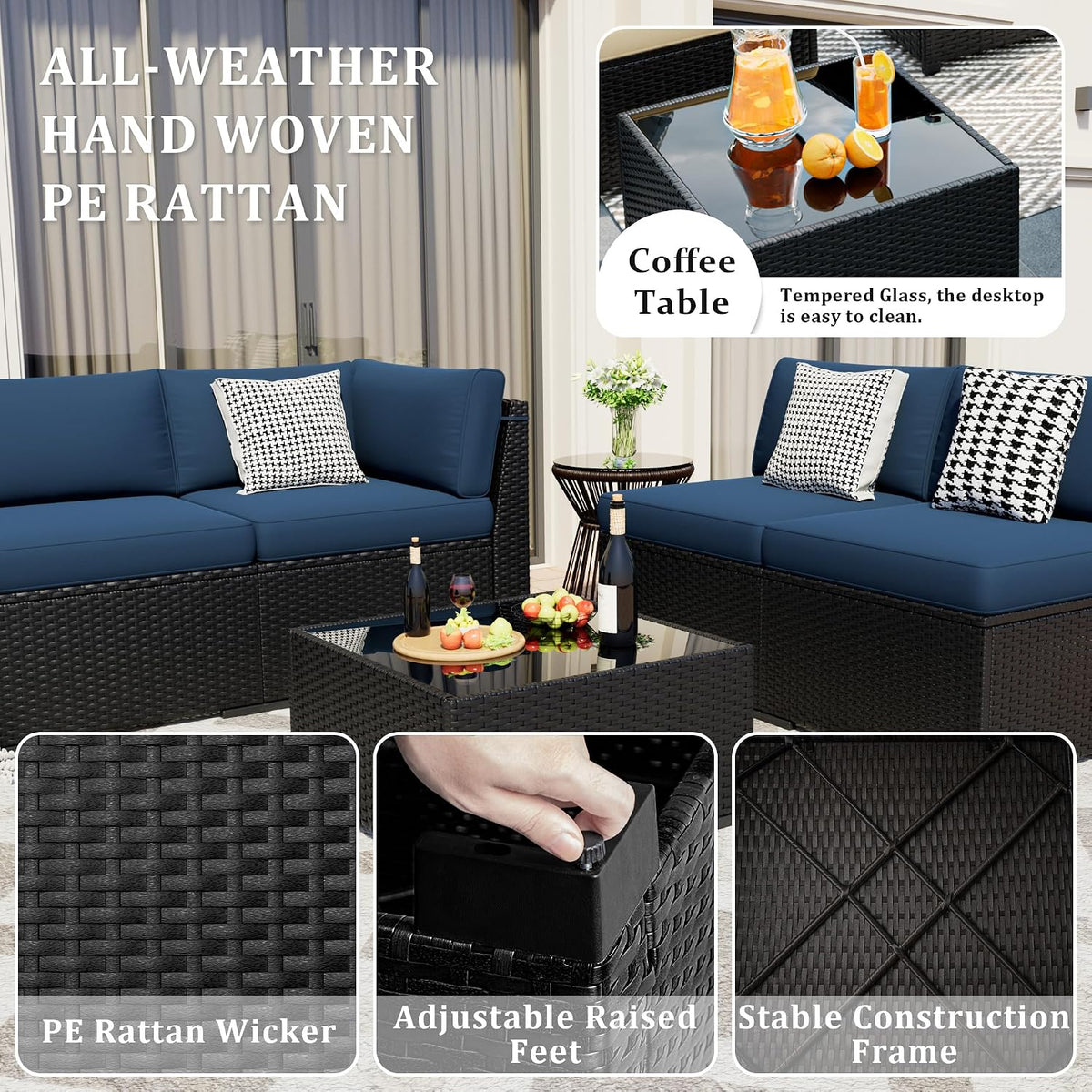 8 Pieces Outdoor Patio Furniture Set with 44' Fire Pit Table Black Rattan Sectional Conversation Sets w/Gas Fire Pit, Coffee Table, 1 Waterproof Covers, Navy Blue