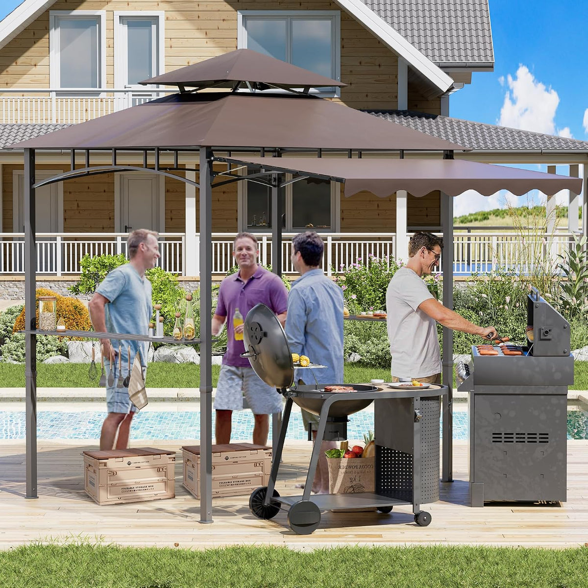8'X8' Grill Gazebo Canopy - Heavy Duty Steel Frame, Double Tiered Grill Canopy for Outdoor Grill W/Shelves, Ceiling Hooks, Ground Stakes, Patio Canopys Tent BBQ Gazebo Backyard (Brownness)