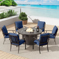 7 Pcs Outdoor Patio Furniture Set with 48'/55000 BTU Outdoor Round Propane Fire Pit Table,Patio Conversation Sets 6 Fixed Chairs No-Slip Cushions and Waterproof Covers,NavyBlue