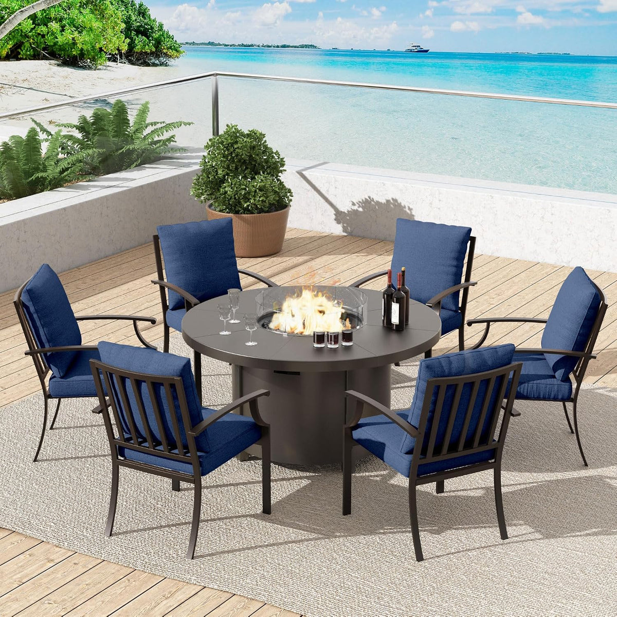 7 Pcs Outdoor Patio Furniture Set with 48'/55000 BTU Outdoor Round Propane Fire Pit Table,Patio Conversation Sets 6 Fixed Chairs No-Slip Cushions and Waterproof Covers,NavyBlue