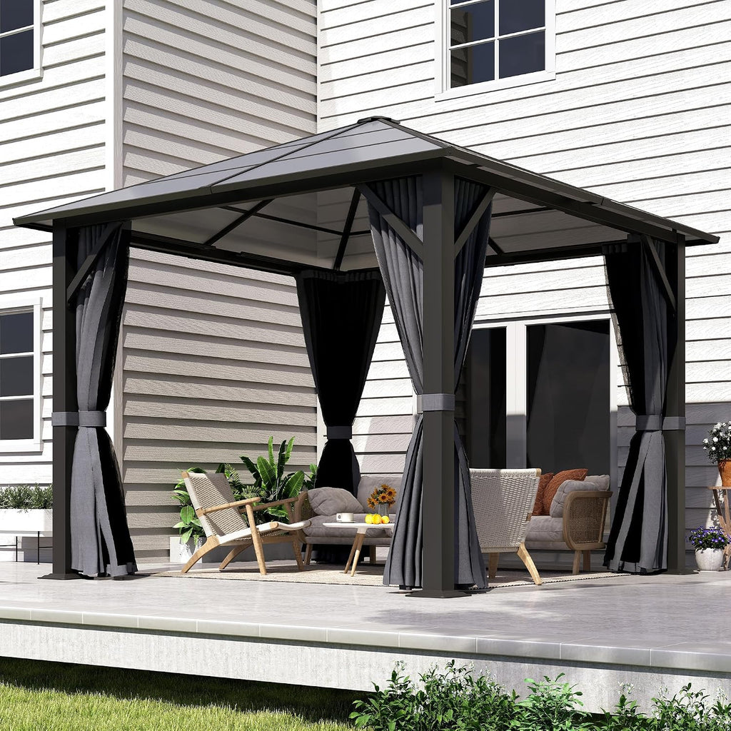 10x10FT Gazebo Hardtop, Outdoor Patio Gazebos with Polycarbonate Roof & Steel Frame, Outdoor Pavilion with Gray Curtain&Netting for Backyard/Lawn/Garden/Deck