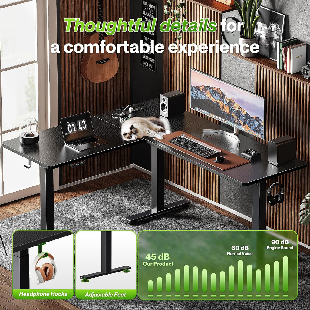 Huuger L Shaped Standing Desk with Power Outlets, 63 x 55 Inch Height Adjustable Computer Desk for Bedroom, Corner Stand up Desk for Home and Office, Work and Study, Black