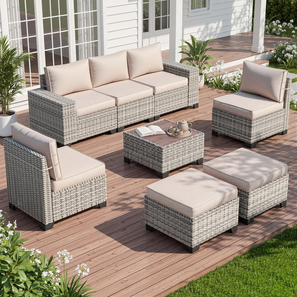8-Piece Outdoor Patio Furniture Set Wicker Sectional Sofa Set with Ottomans, Patio Conversation Set with Thickened Cushions & Coffee Table for Garden, Backyard, Poolside, Beige